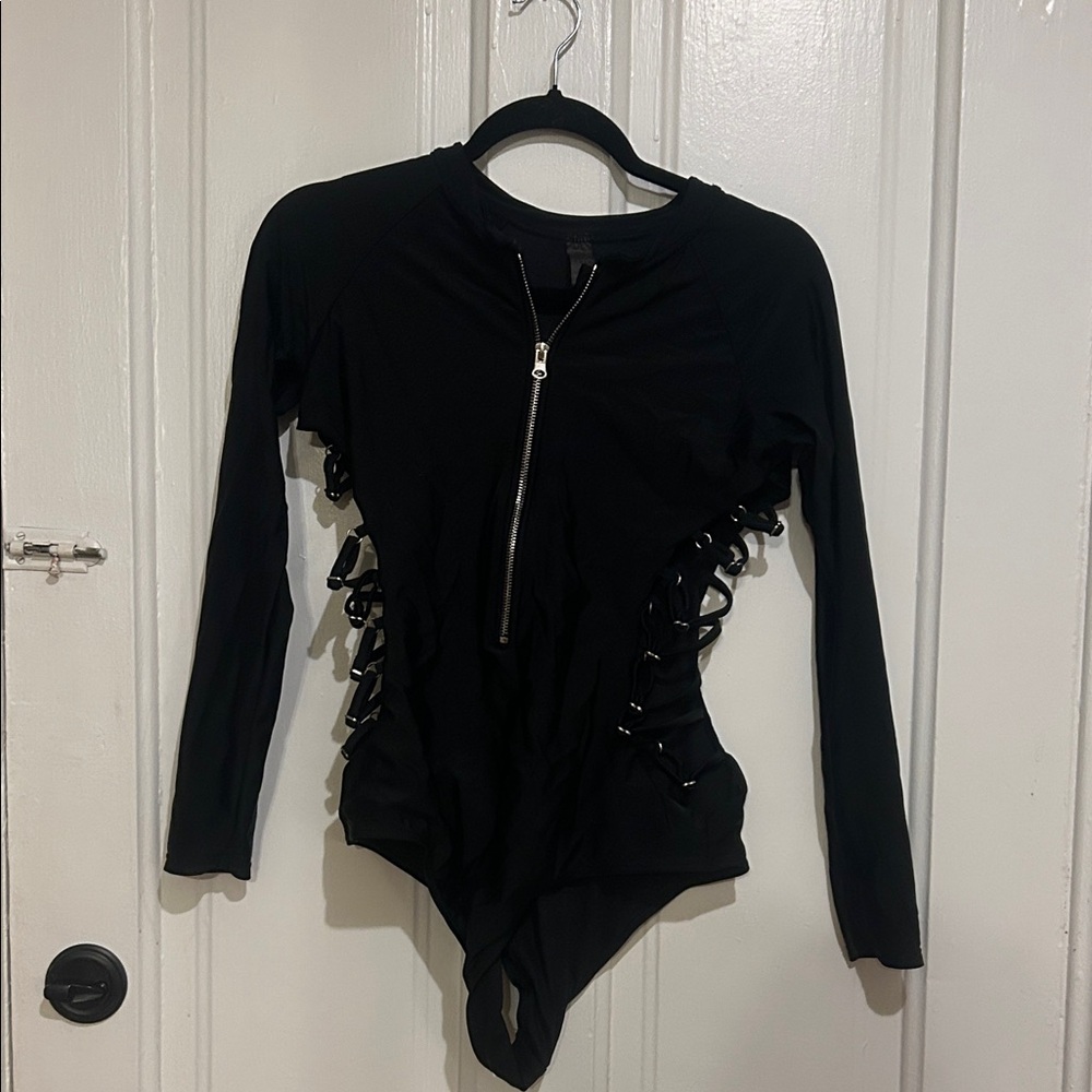 Black Long-Sleeve Lace-Up One-Piece Swim Suit with Silver Front Zipper
